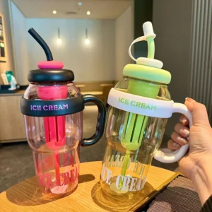 Large Capacity Ice Tumbler Cup with Straw & Handle – Portable Tea, Juice & Water Cup