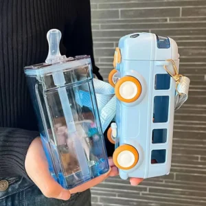 Portable Bus Water Bottle with Straw & Strap – Cute Cartoon Car Shape – 500ml BPA-Free Sipper for Kids