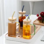 Square Glass Cup with Bamboo Lid & Straw – Transparent Coffee Mug, Airtight Smoothie & Juice Jar
