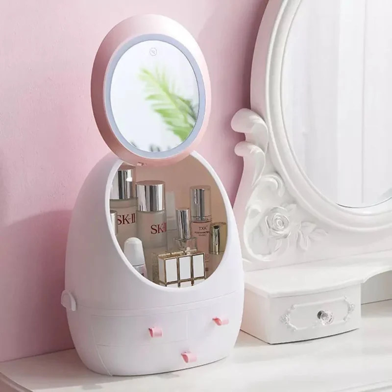 LED Makeup Organizer Mirror – Swan Egg Cosmetic Storage